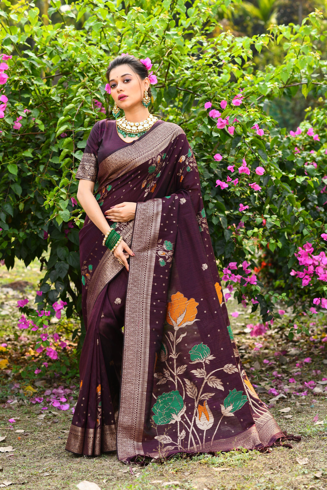 Elegant purple Desi tussar silk saree with exquisite zari weaving, ideal for festive occasions.