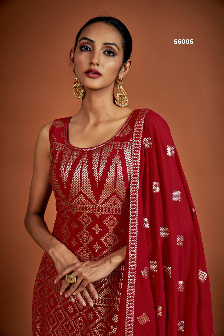 Red Georgette Salwar Suit | Glamorous Sequins Ethnic Outfit