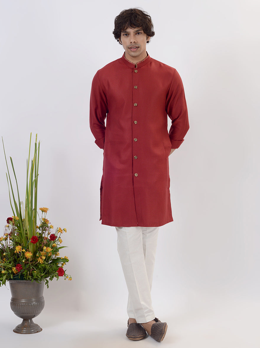 Premium red silk blend kurta pajama set for men, ideal for traditional events.