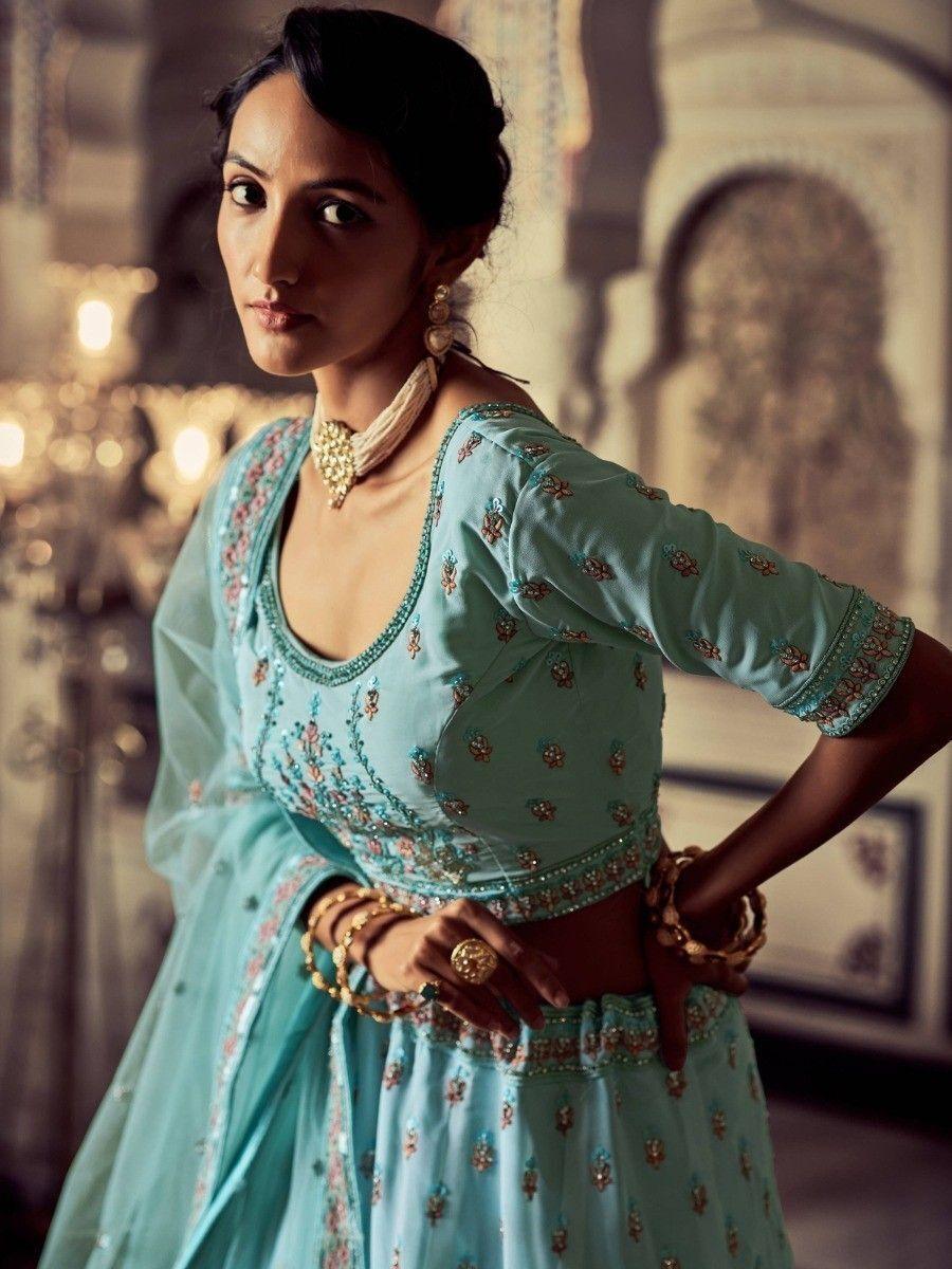 Turquoise Lehenga | Georgette Material with Zarkan & Glitter Zari Embroidery