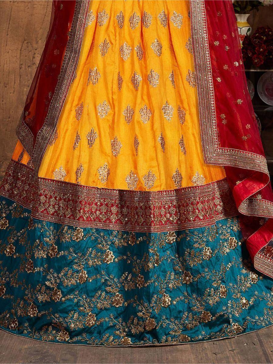 Banarasi Silk Lehenga Set | Teal & Yellow with Maroon Dupatta