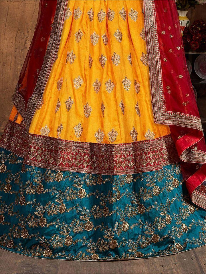 Banarasi Silk Lehenga Set | Teal & Yellow with Maroon Dupatta