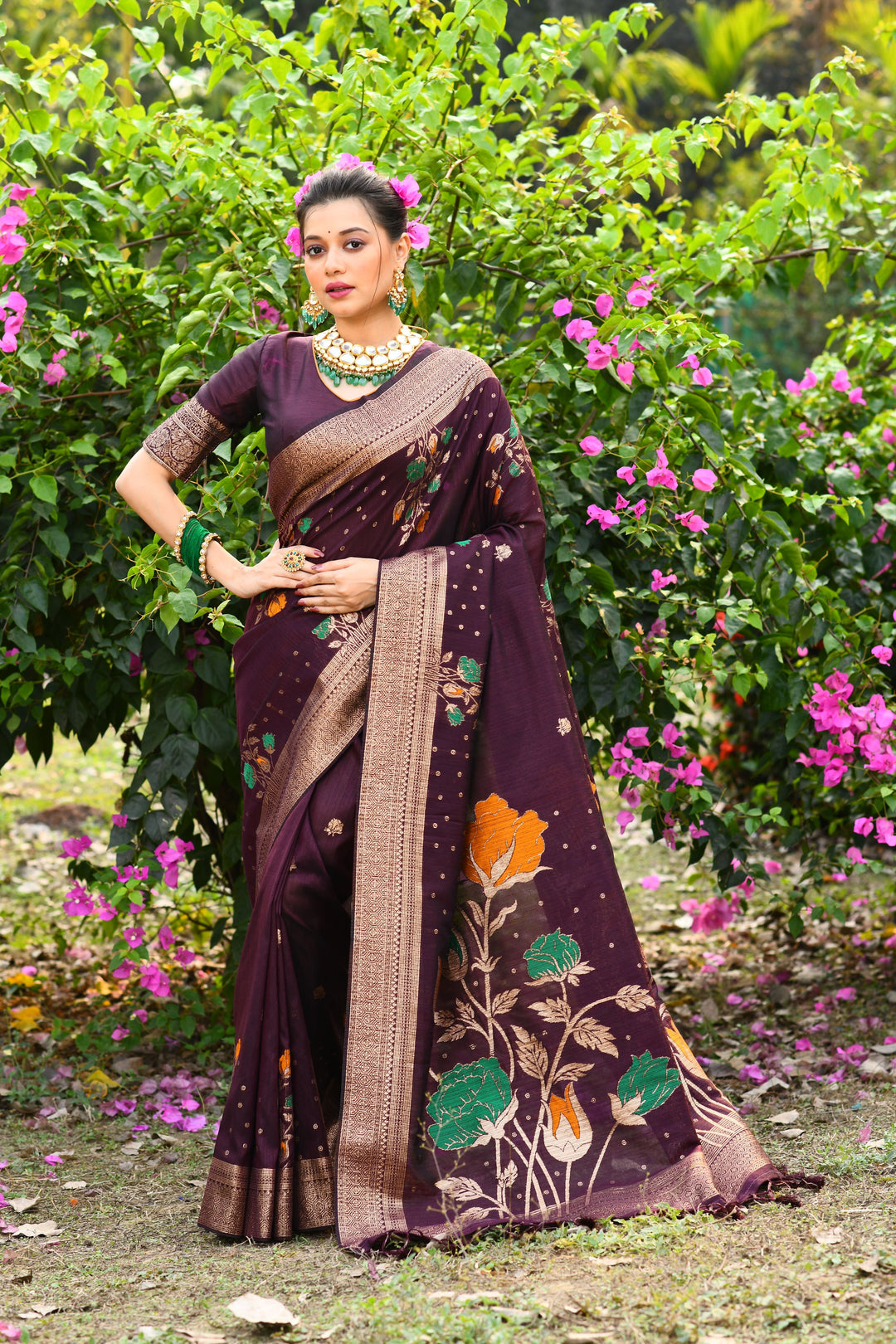 Purple fancy saree featuring intricate zari work and fancy tassels, perfect for weddings and ethnic fashion events.