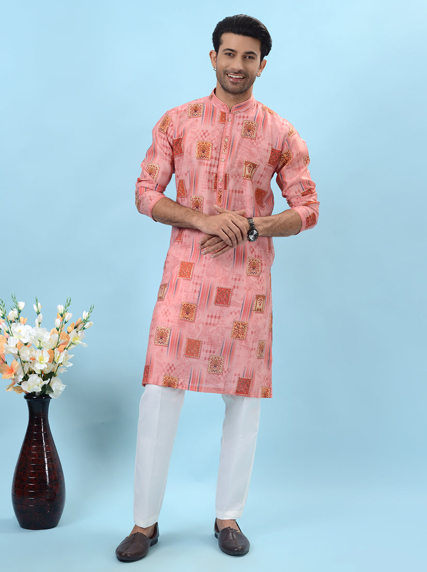 Elegant pink silk kurta pajama for men, perfect for cultural events and weddings.