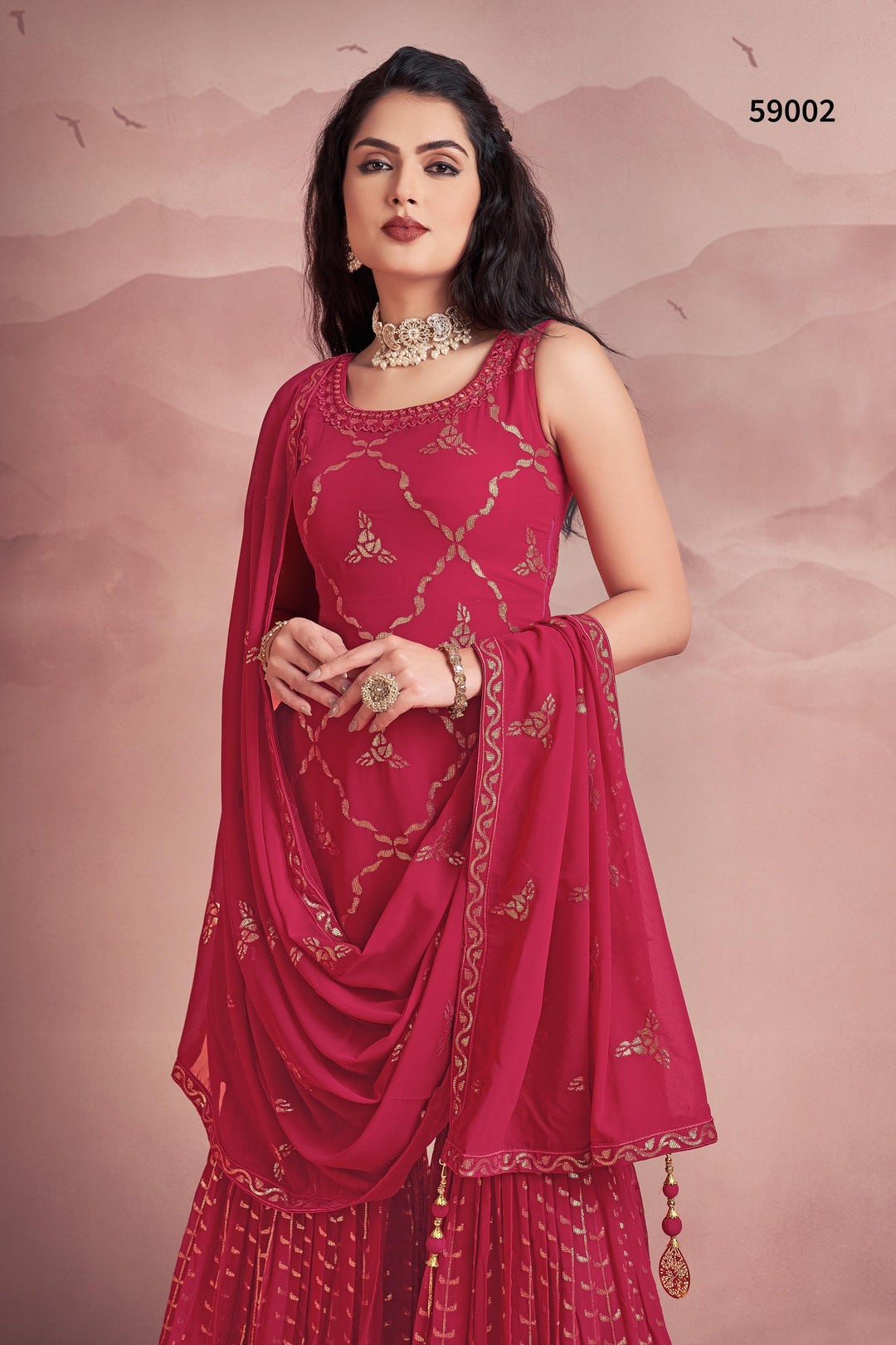 Pink Georgette Kurti Set | Sequins Work Sharara Dupatta Set