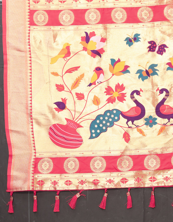 Vibrant pink Paithani silk saree with exquisite zari and meenakari, perfect for grand events.