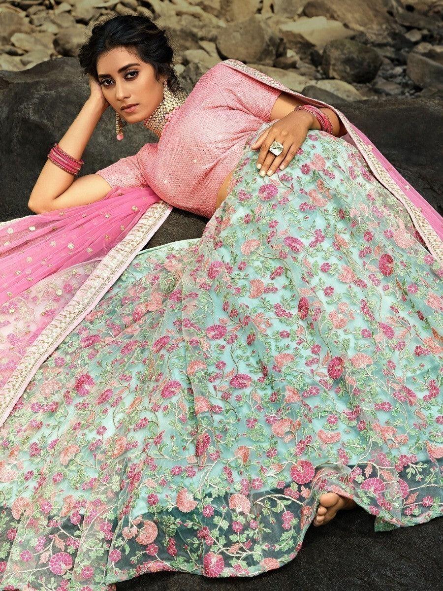 Graceful Green Thread Embroidered Lehenga Choli | Pink Choli & Dupatta Set