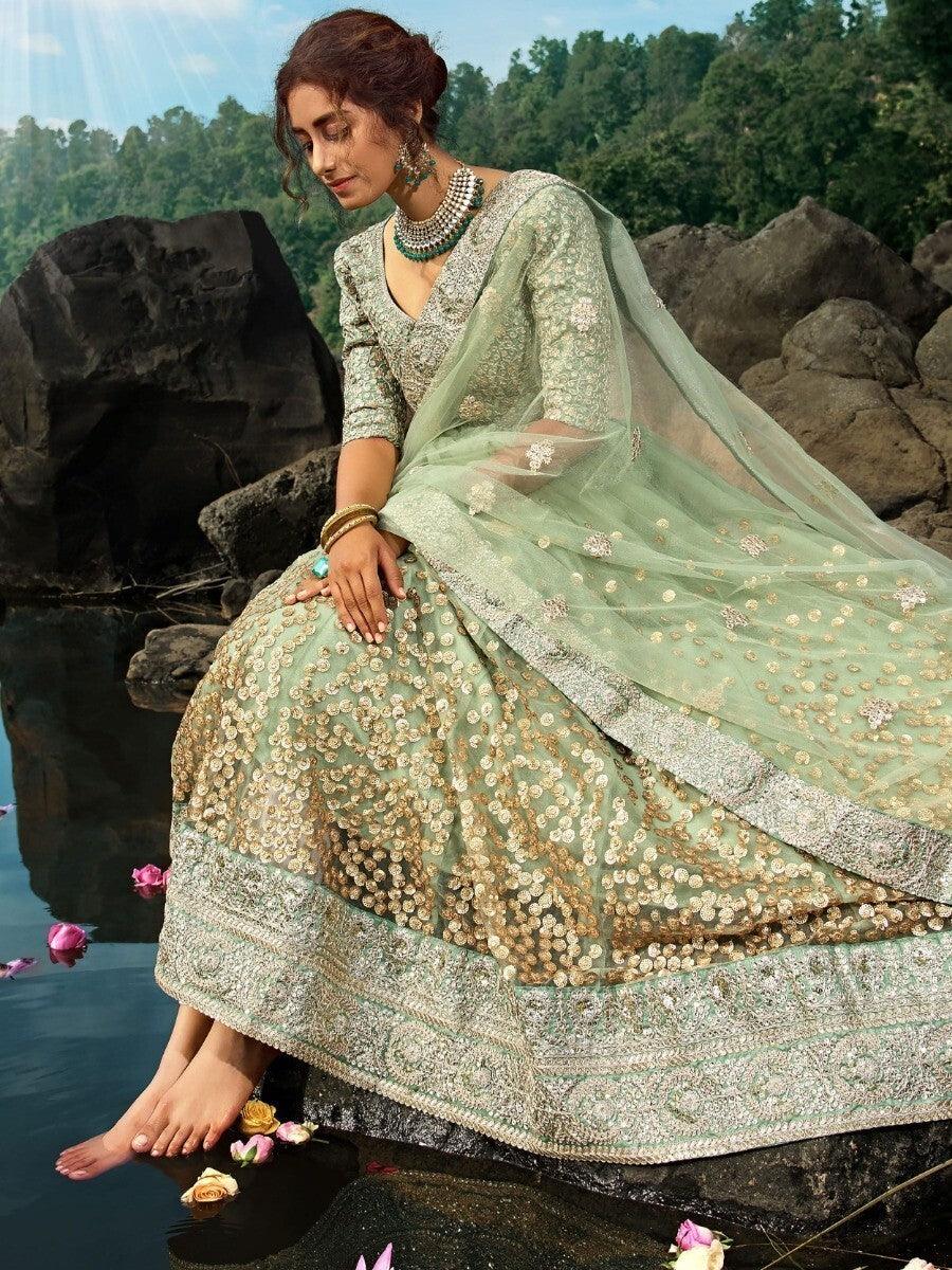 Traditional Green Net Lehenga Choli | Bridal Wear with Sequins