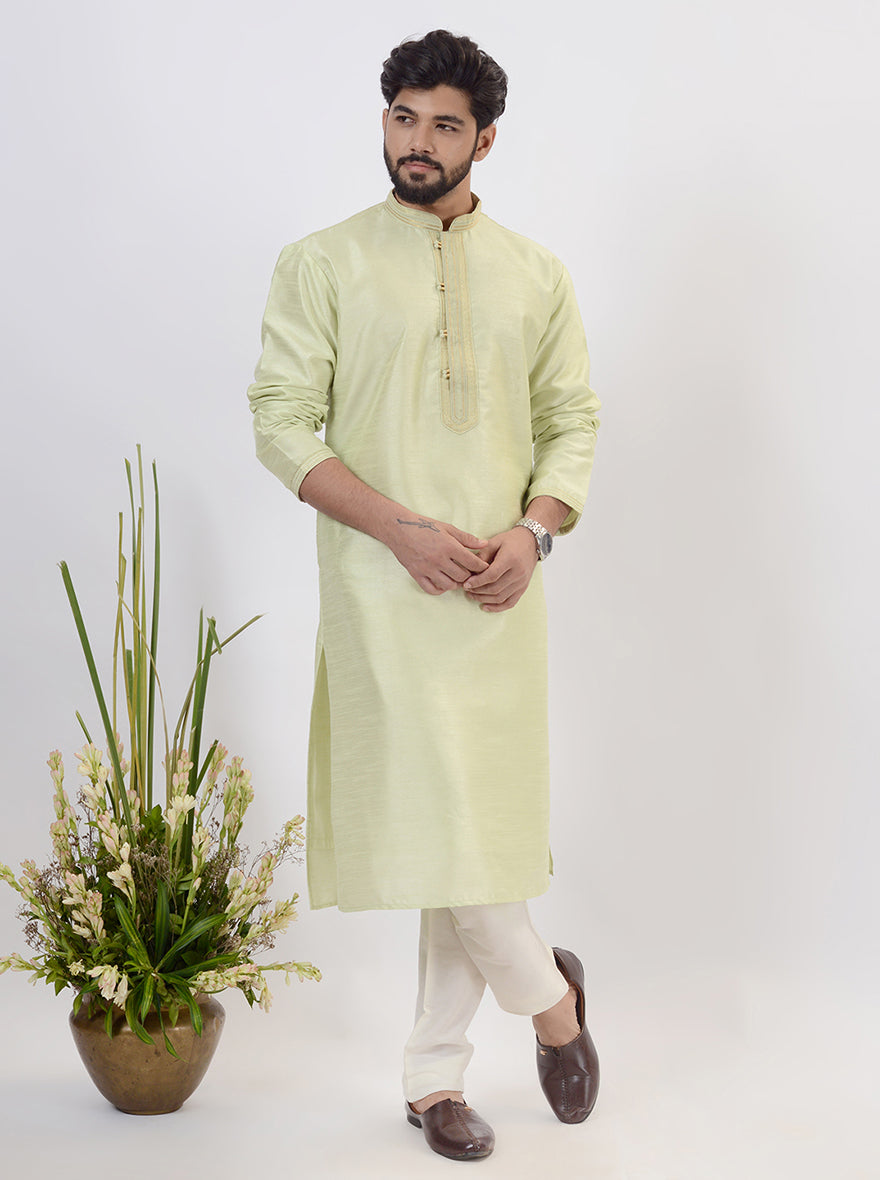 Elegant pista green silk blend kurta pajama set for men, traditional wear for USA events