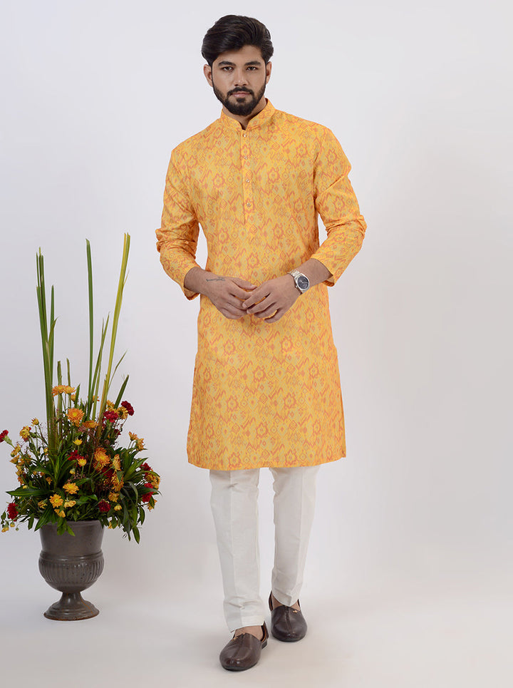 Elegant mustard yellow silk kurta set for men, ideal for weddings and festive occasions.