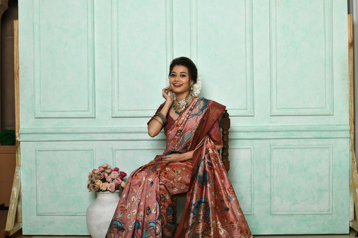 Premium Tussar silk saree with Kalamkari print and soft zari pallu for festivals