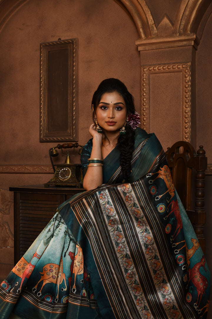 Shop for a blue Kalamkari Tussar silk saree with contrast blouse for elegant celebrations in the USA.