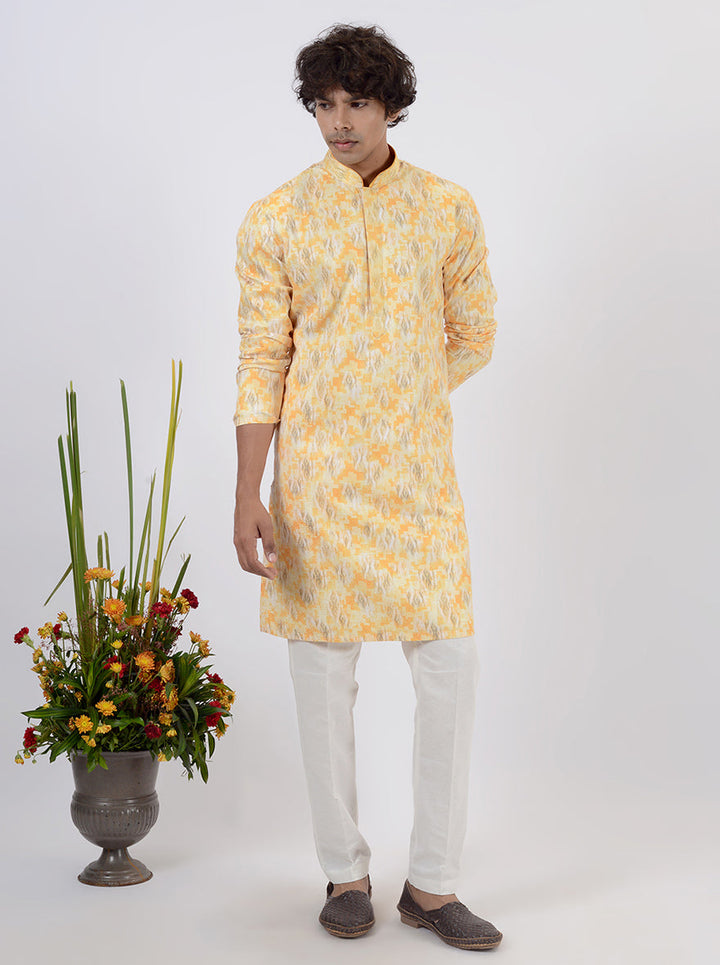 Elegant yellow silk blend kurta pajama set for men, traditional wear for USA events