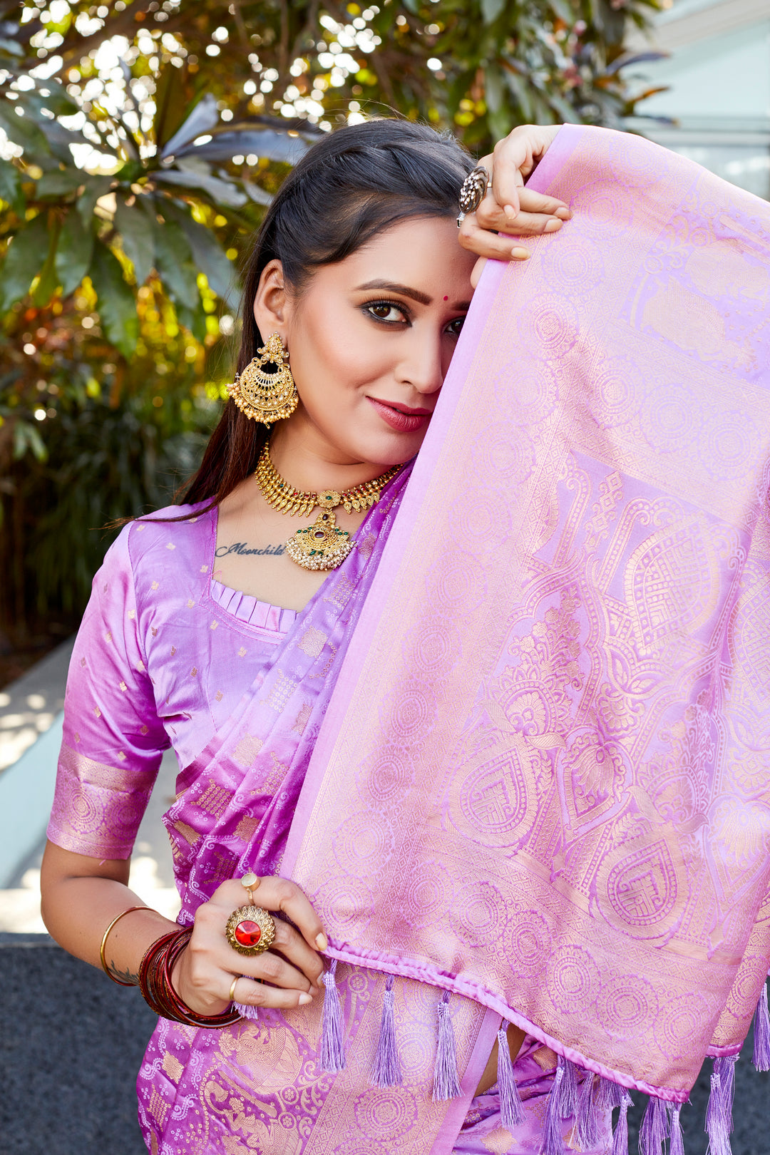 Purple Premium Satin Silk Wedding Saree with dual weave and elegant pallu for a royal look.