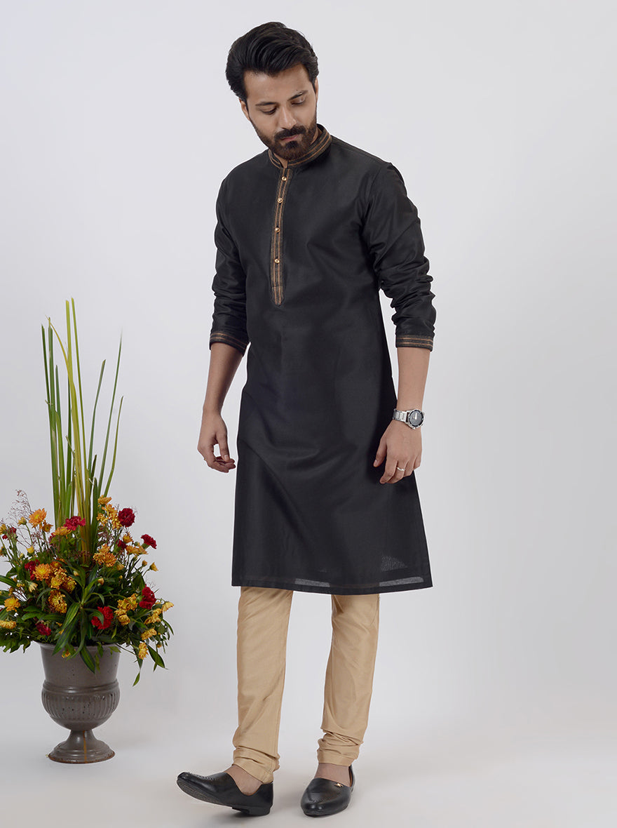 Premium black silk blend kurta pajama set for men, perfect for weddings, sangeet, and pooja.