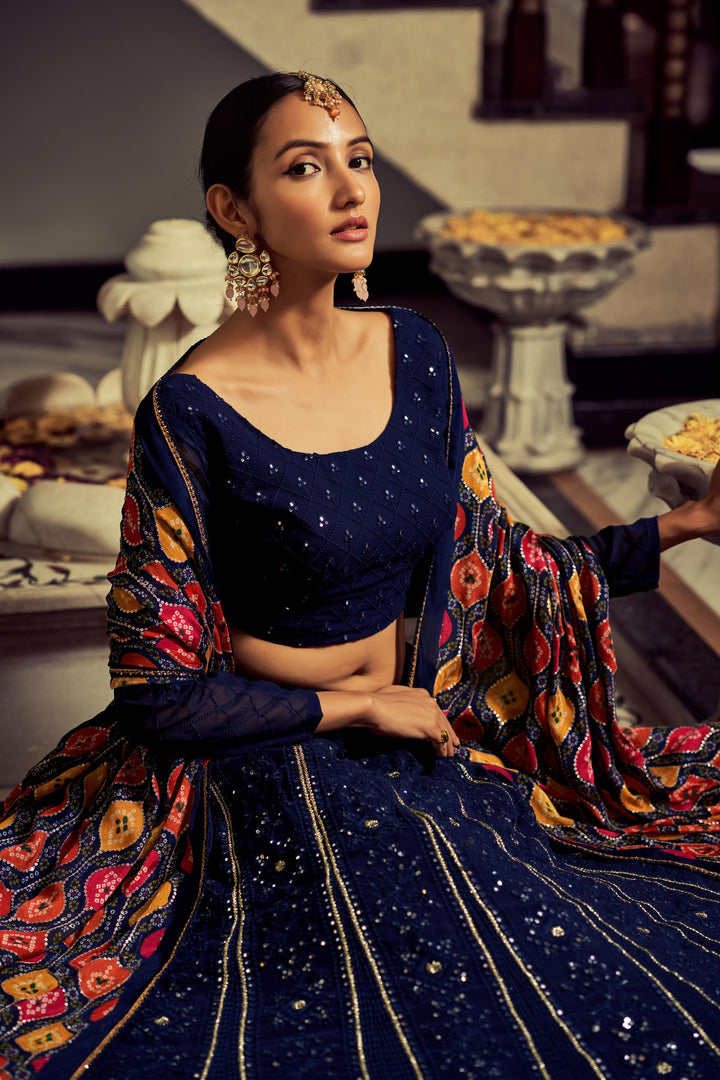 Navy Blue Georgette Lehenga Choli | Sequins & Thread Embroidery Design