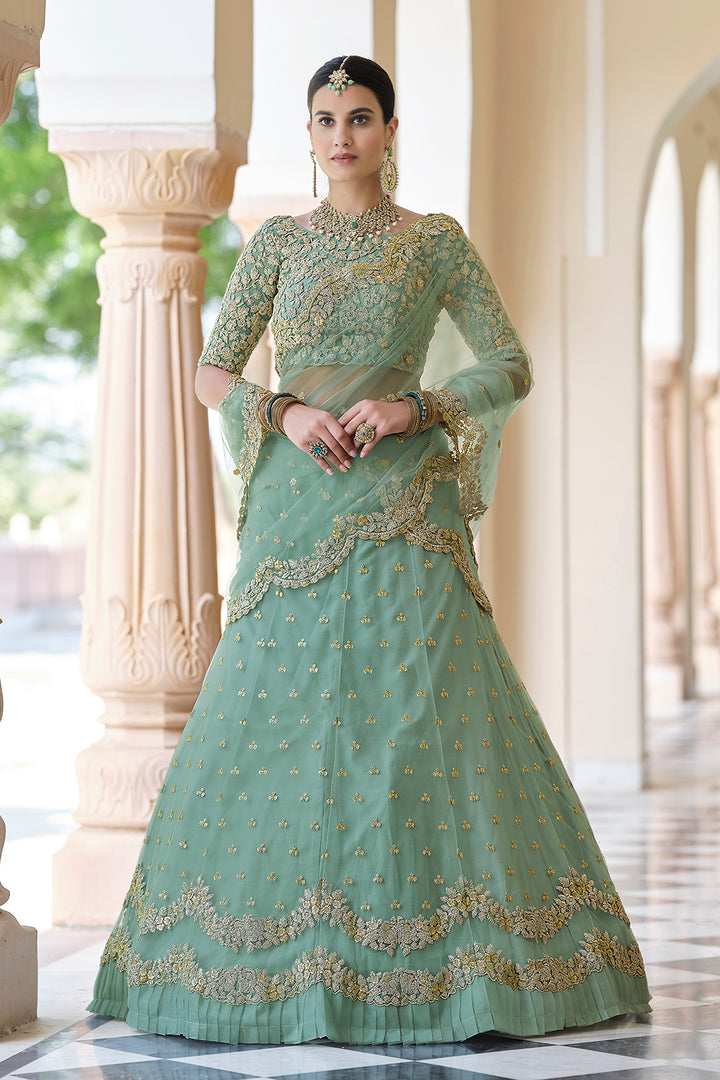 Pista Green Soft Net Lehenga | Sequins and Dori Work Lehenga for Women