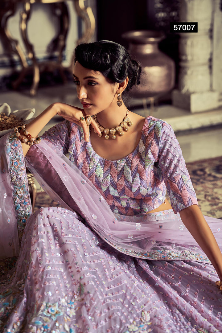 Lilac Georgette Lehenga | Thread & Sequins Work for Wedding & Party