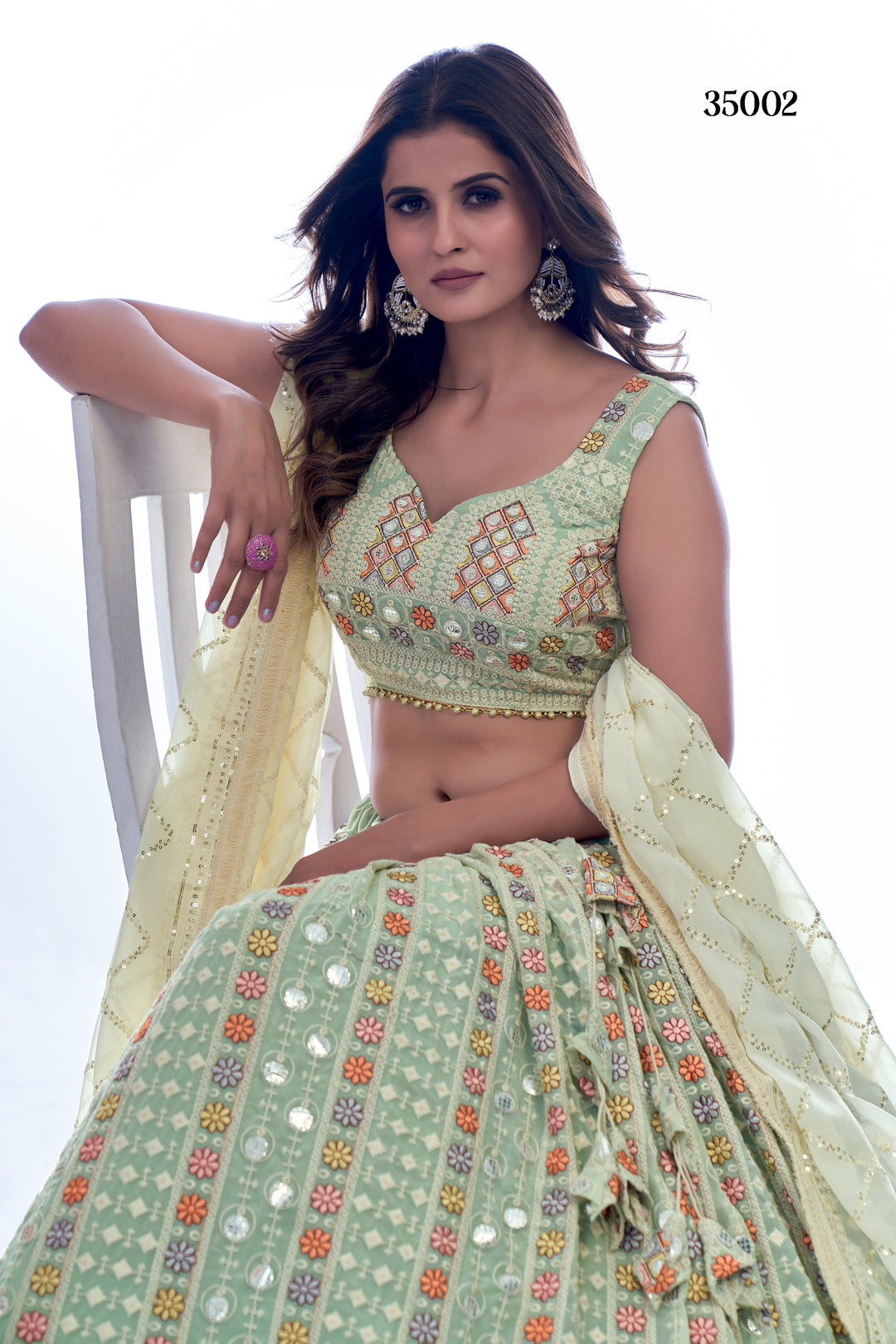 Elegant Pista Green Georgette Lehenga Set | Floral & Geometric Design with Sequins