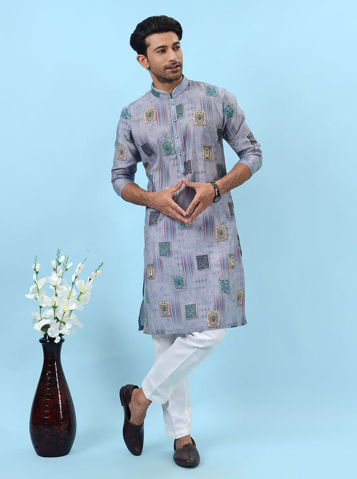 Men's grey silk blend kurta pajama set, perfect for ethnic and festive occasions, offering comfort and style.