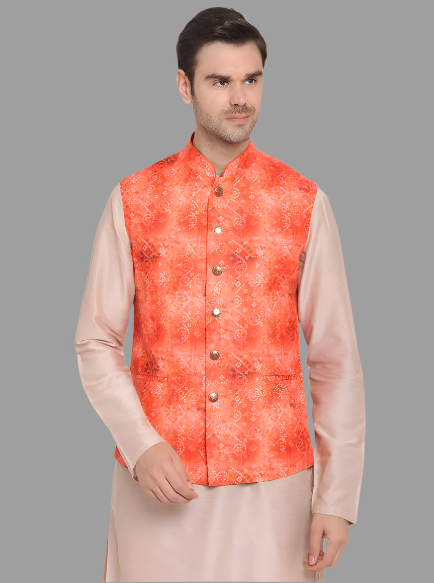 Sleeveless orange waistcoat with a mandarin collar, designed for comfort and style at any event.