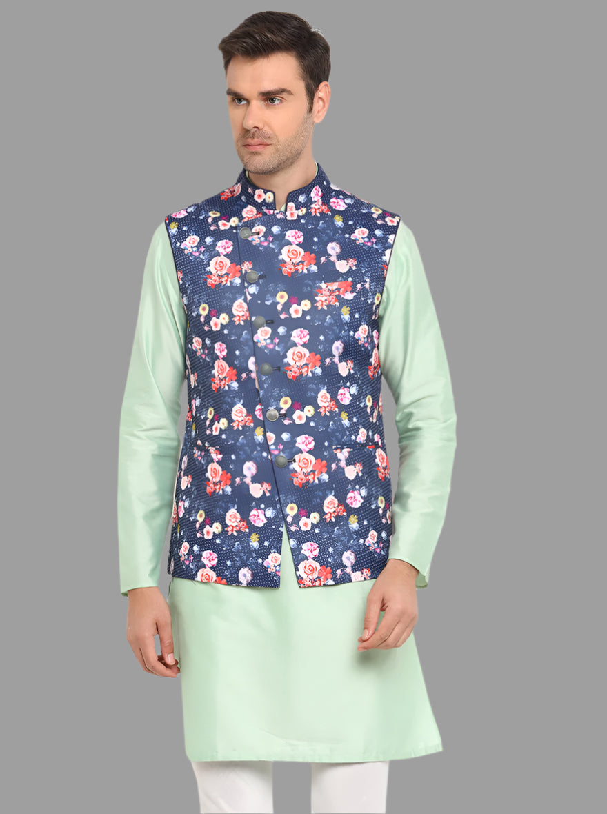 Elegant navy blue Bandhgala jacket, ideal for creating a standout look at weddings and formal affairs.