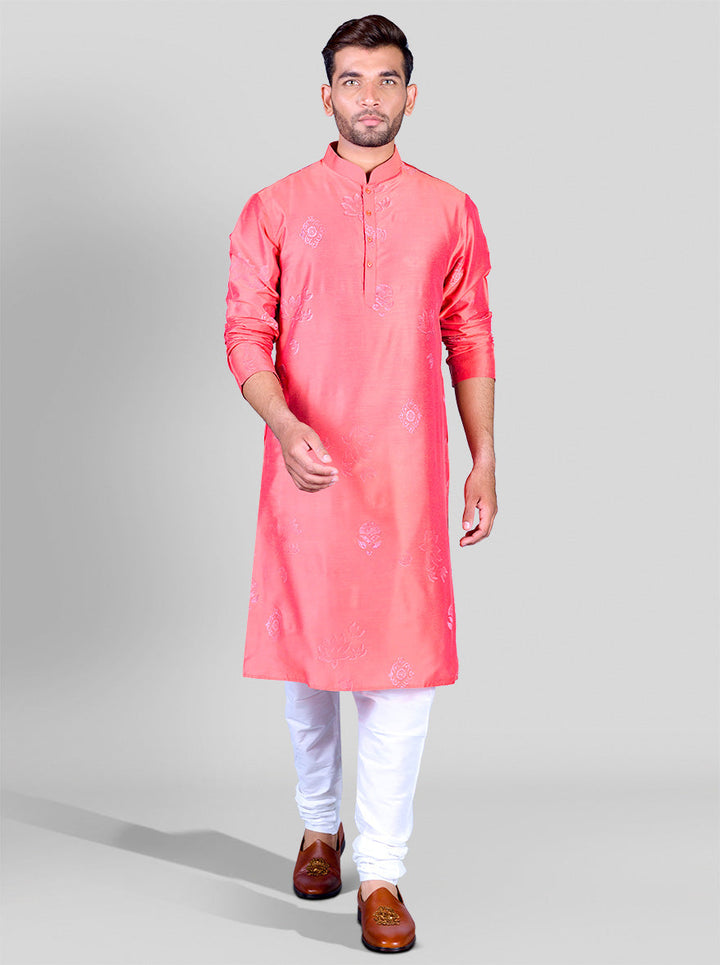 Experience elegance with this printed carrot red kurta set for men, ideal for festive occasions in the USA.