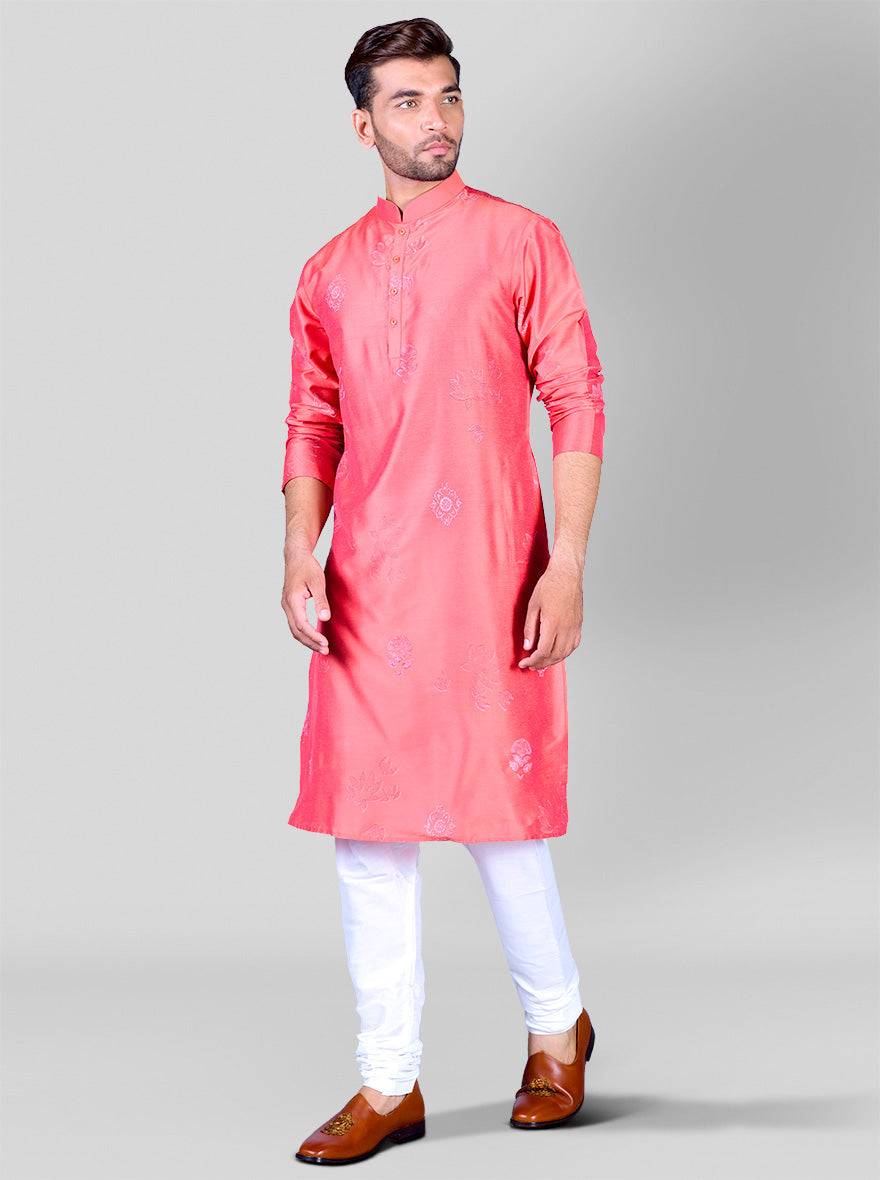 Printed carrot red poly silk kurta pajama for men, perfect for traditional occasions in the USA.