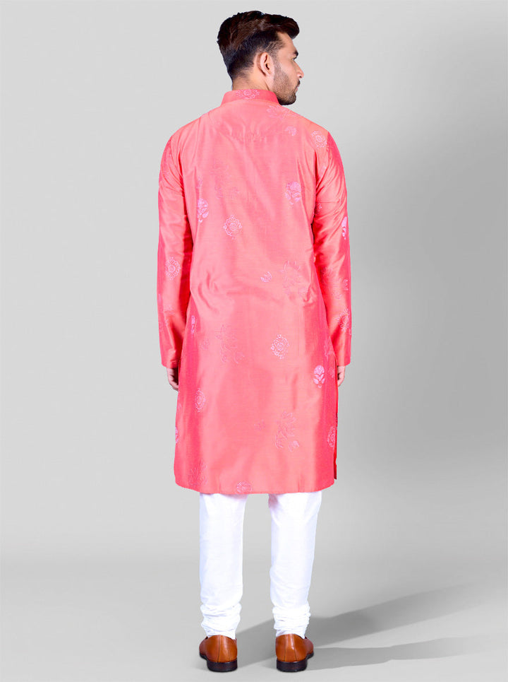 Carrot red poly silk kurta pajama set for men, designed for comfort and style in the USA.