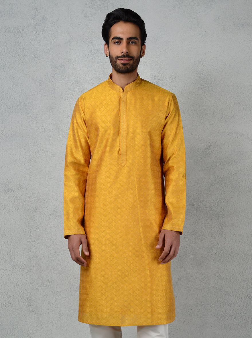 Bright jacquard golden kurta pajama, bringing tradition with style to USA celebrations.