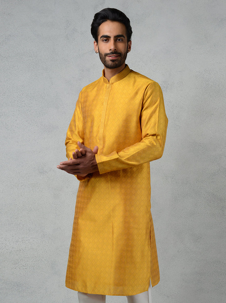 Men’s golden jacquard kurta pajama with potli buttons, perfect for any USA celebration.