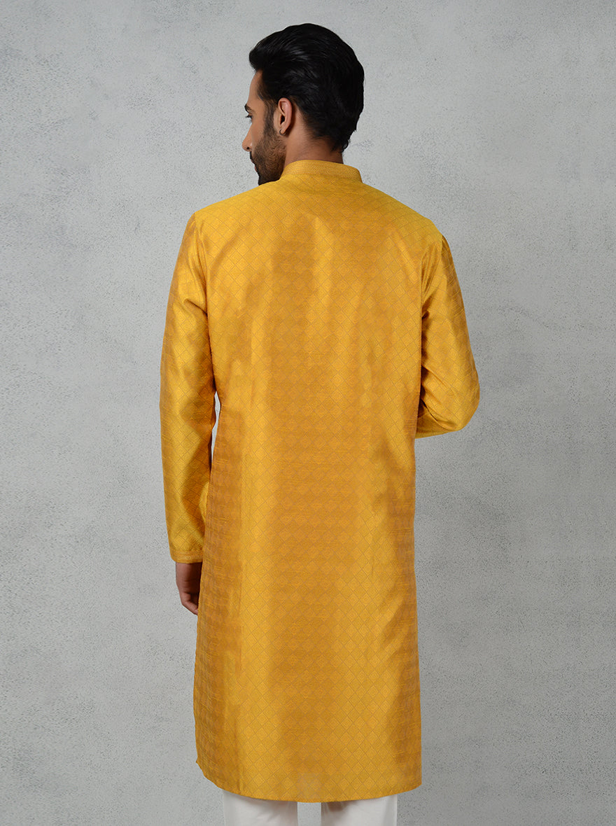 Stylish golden jacquard kurta pajama with potli buttons, an ideal USA casual look.