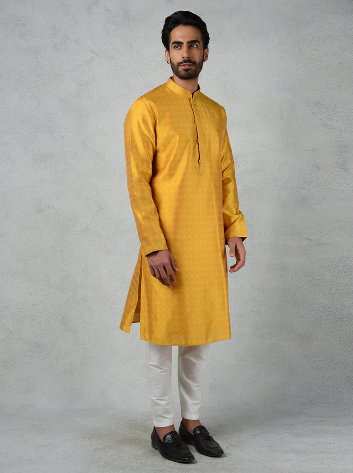 Unique golden jacquard kurta pajama, casual style with potli buttons, perfect in the USA.