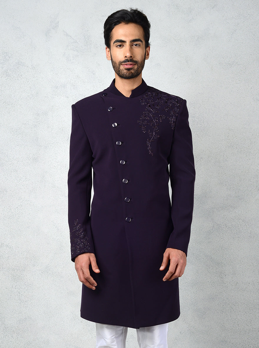 Purple Indo-Western for men with angrakha style and hand embroidery details.