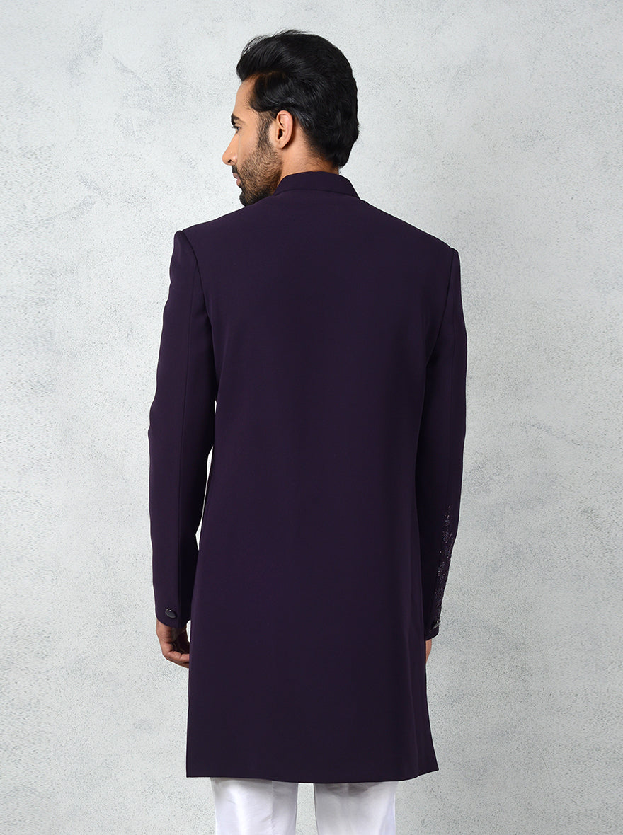 Premium purple Indo-Western outfit for men, featuring traditional embroidery.