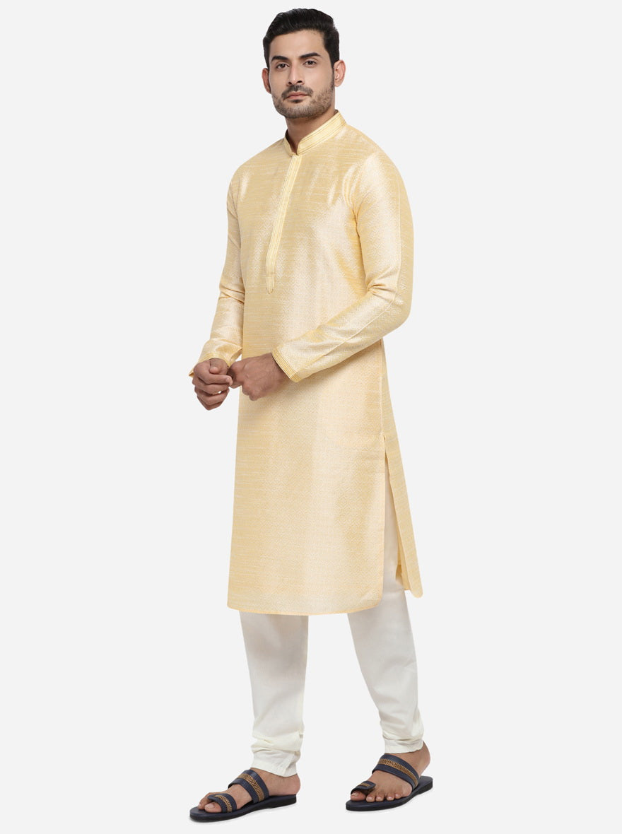 Enjoy elegant casual functions in the USA with this stylish cream & light yellow kurta set for men.