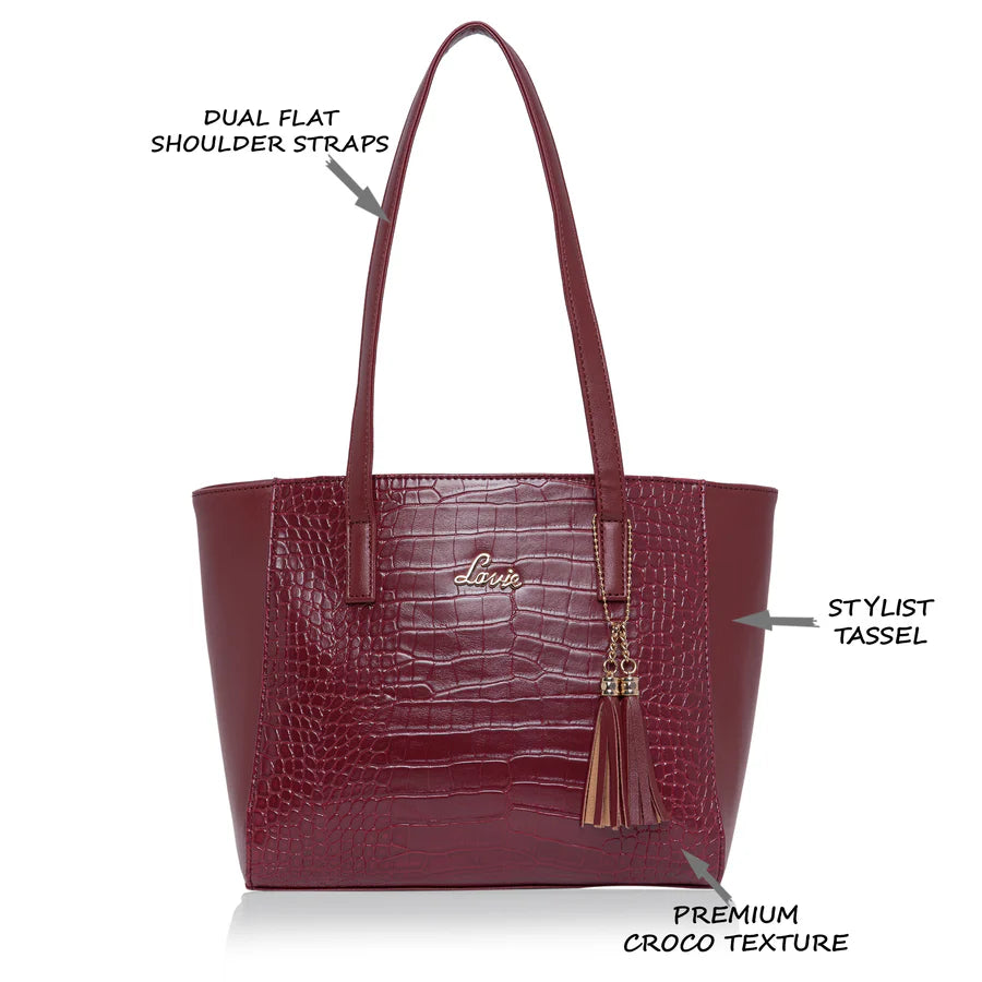 Lavie Glossy Dark Red Small Tote Bag | Elegant Women's Tassel Betty Handbag