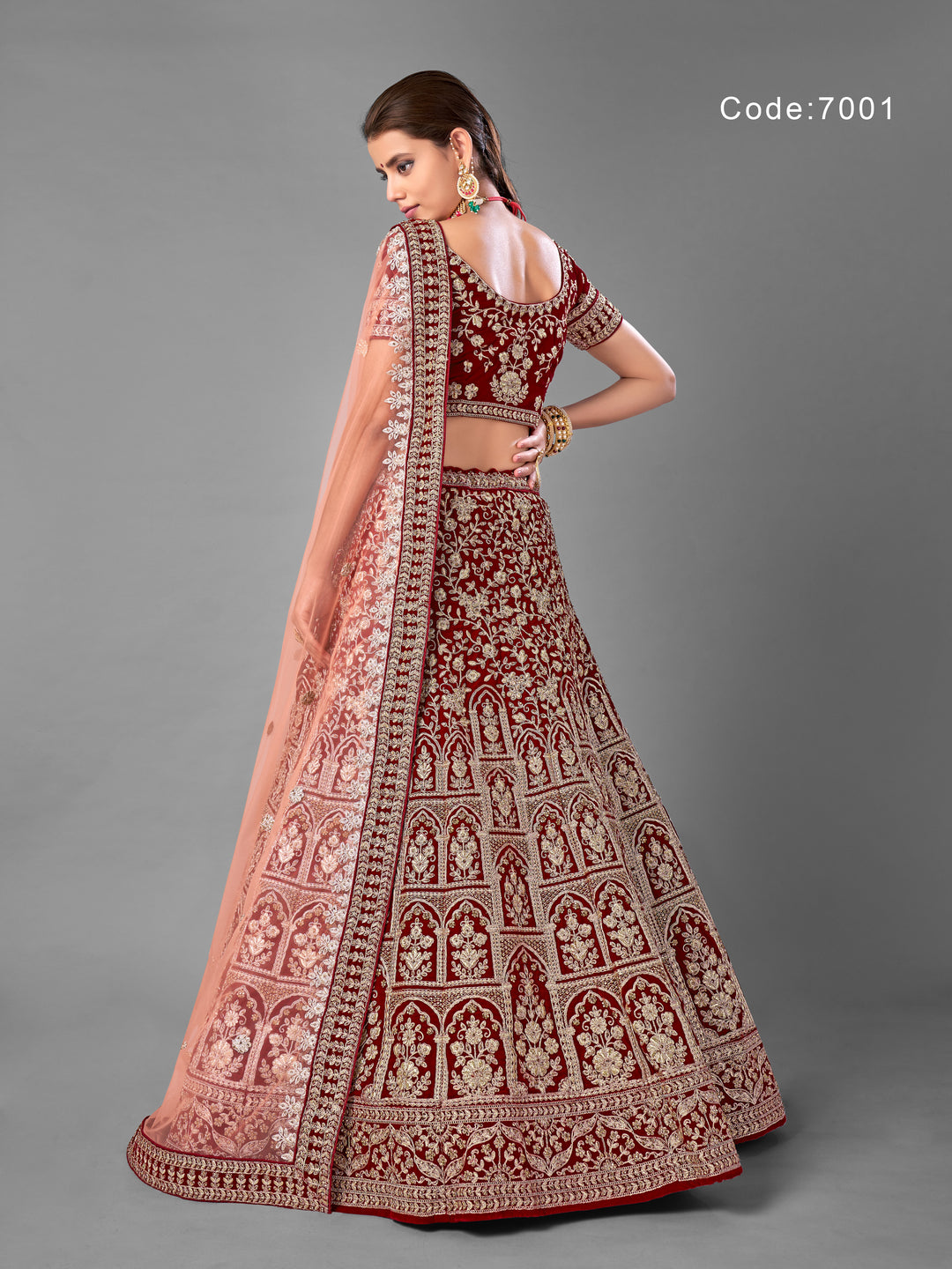 Maroon Velvet Lehenga with Dori, Zarkan, and Zari Work and Soft Net Dupatta