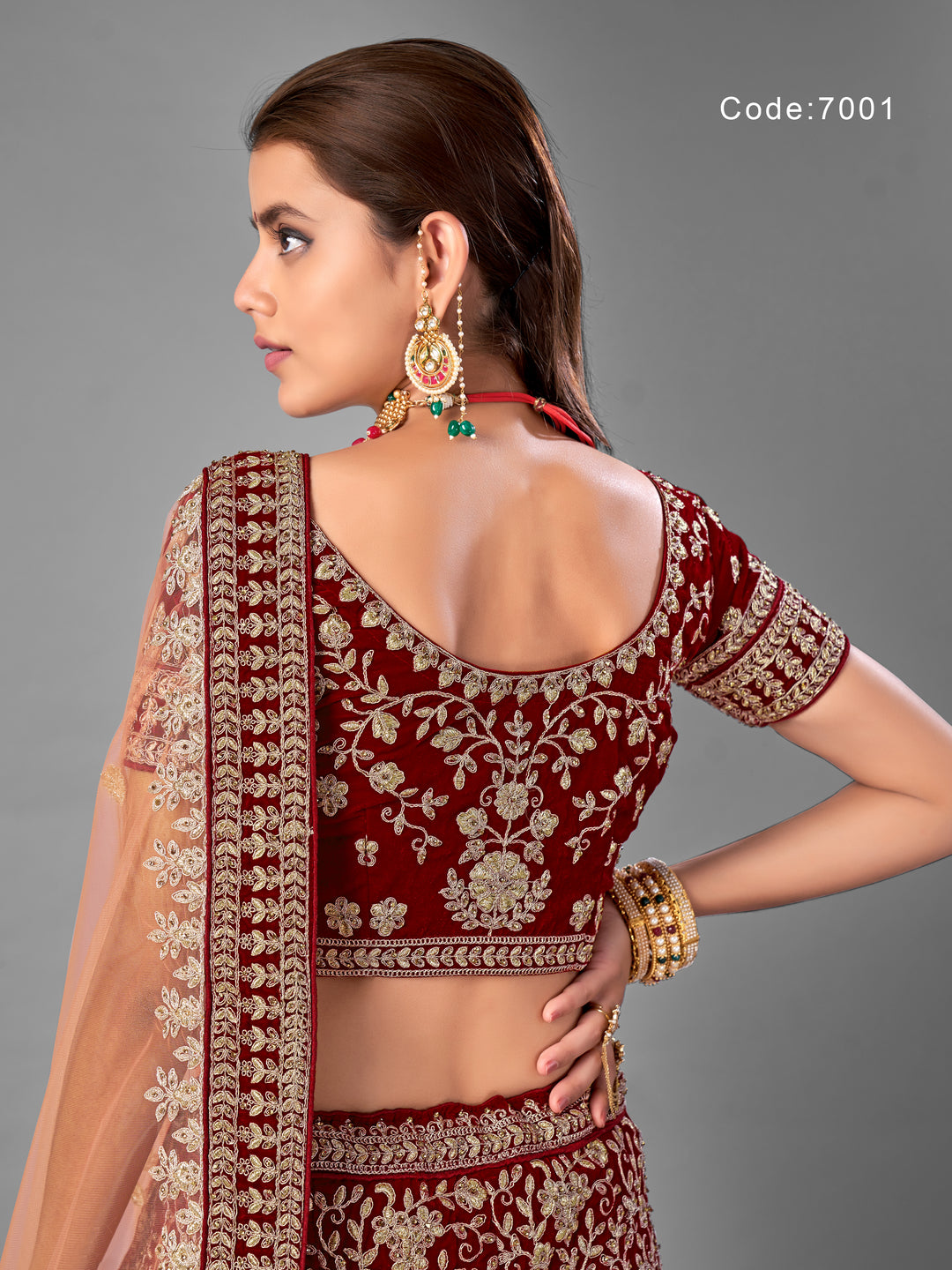 Maroon Velvet Lehenga with Dori, Zarkan, and Zari Work and Soft Net Dupatta