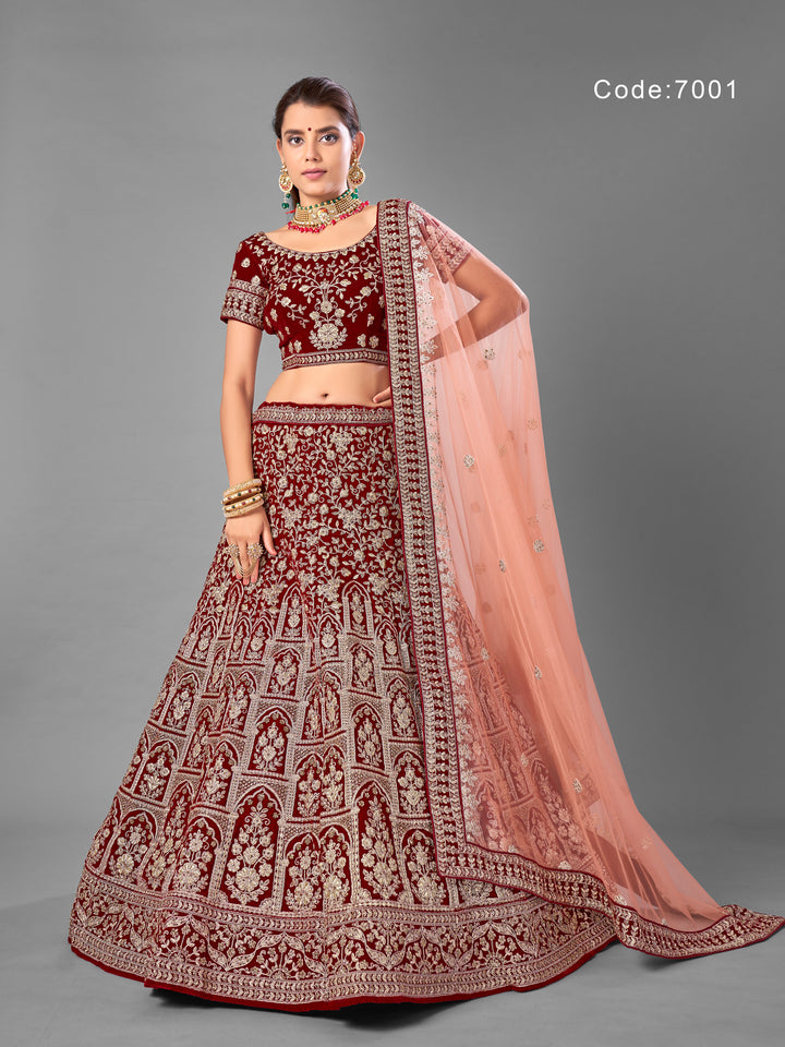 Maroon Velvet Lehenga with Dori, Zarkan, and Zari Work and Soft Net Dupatta