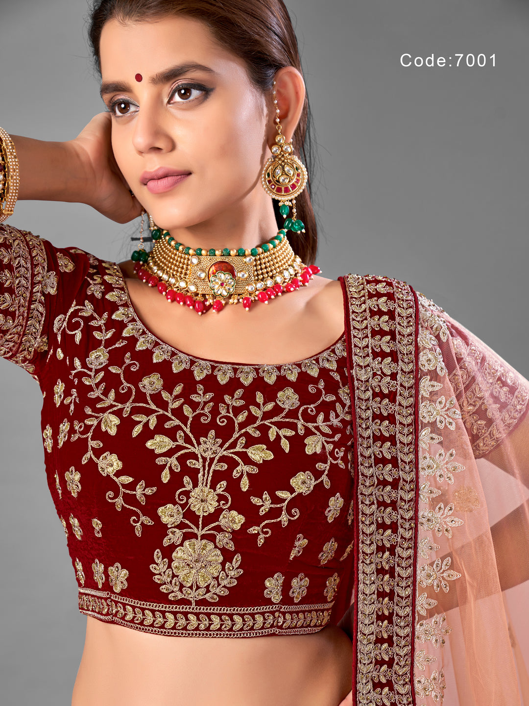 Maroon Velvet Lehenga with Dori, Zarkan, and Zari Work and Soft Net Dupatta