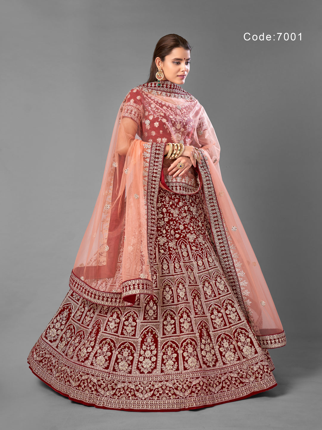 Maroon Velvet Lehenga with Dori, Zarkan, and Zari Work and Soft Net Dupatta