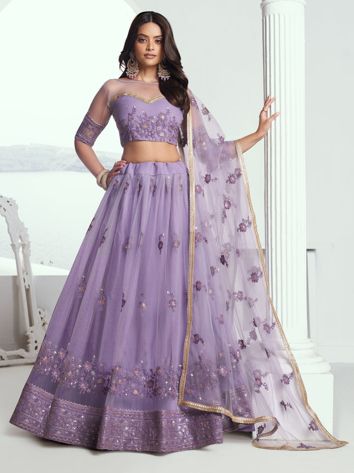 Marvelous Lavender Sequins Net Bridesmaid Lehenga Choli With Dupatta