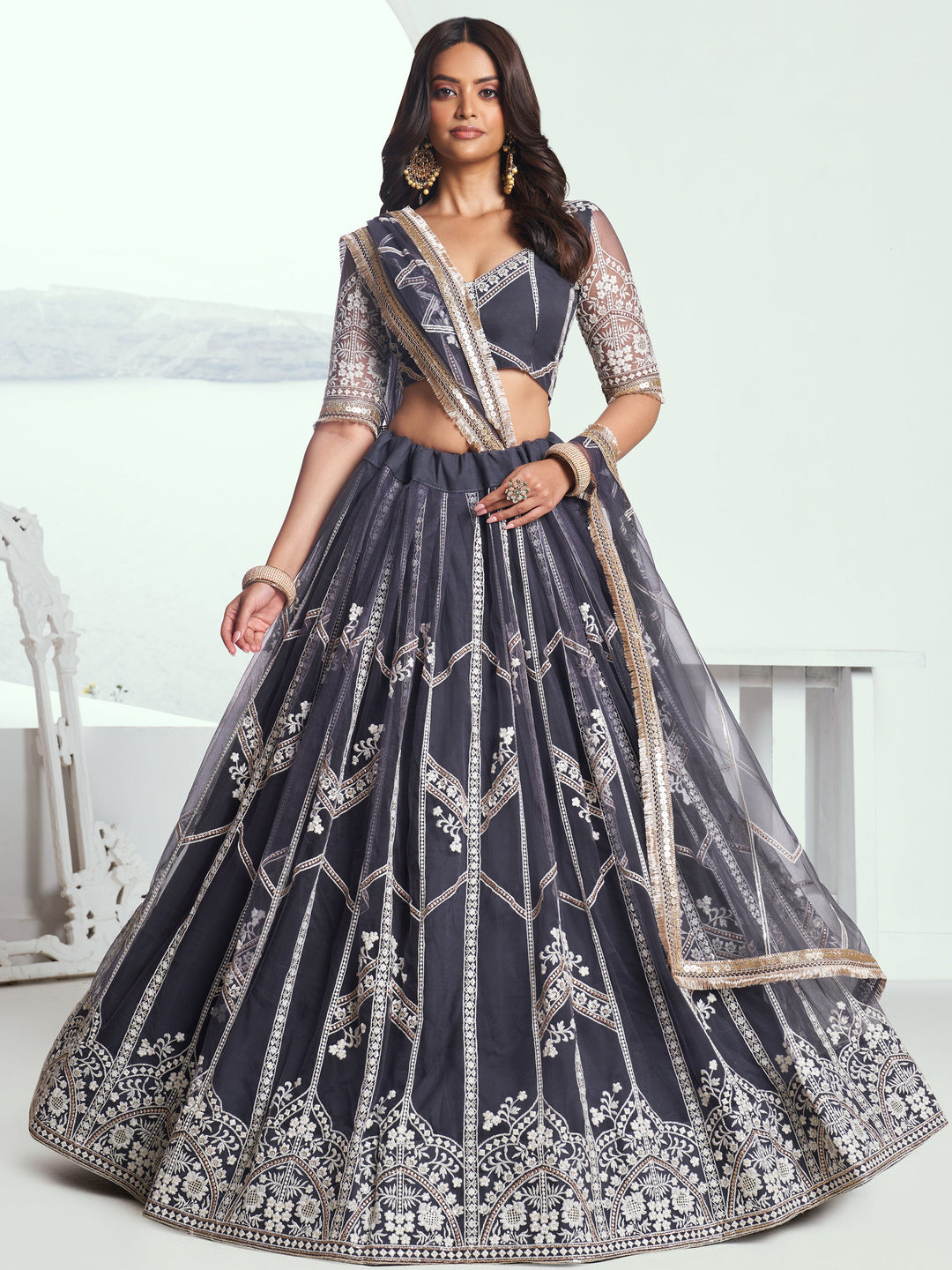 Charming Dark Grey Embroidered Net Reception Wear Lehenga Choli