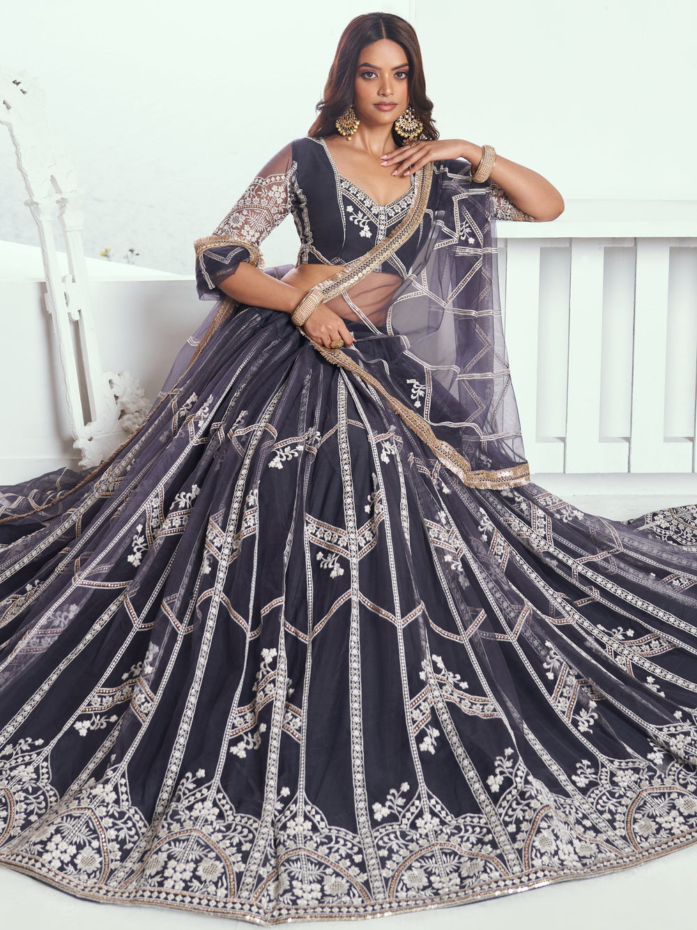 Charming Dark Grey Embroidered Net Reception Wear Lehenga Choli