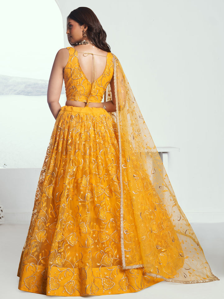 Attractive Yellow Embroidered Net Wedding Lehenga Choli With Dupatta