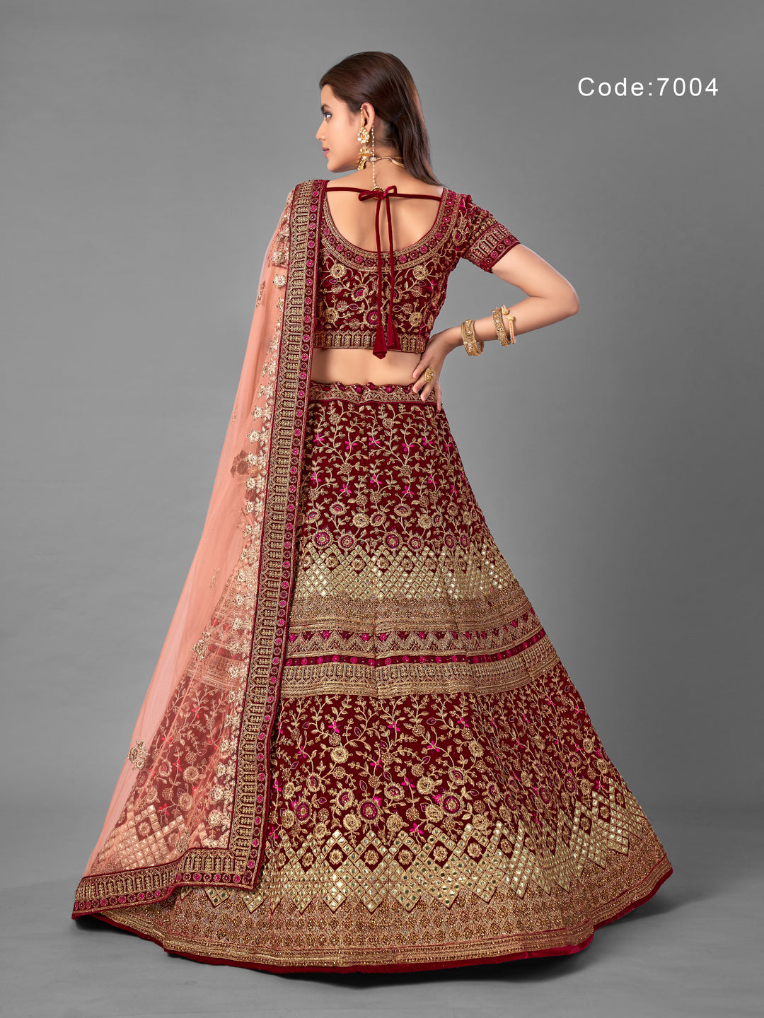 Elegant Maroon Velvet Lehenga with Dori and Mirror Detailing