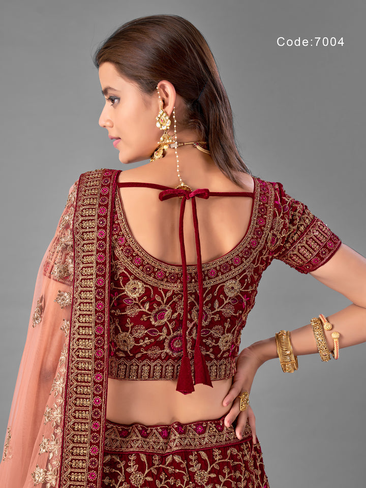 Elegant Maroon Velvet Lehenga with Dori and Mirror Detailing