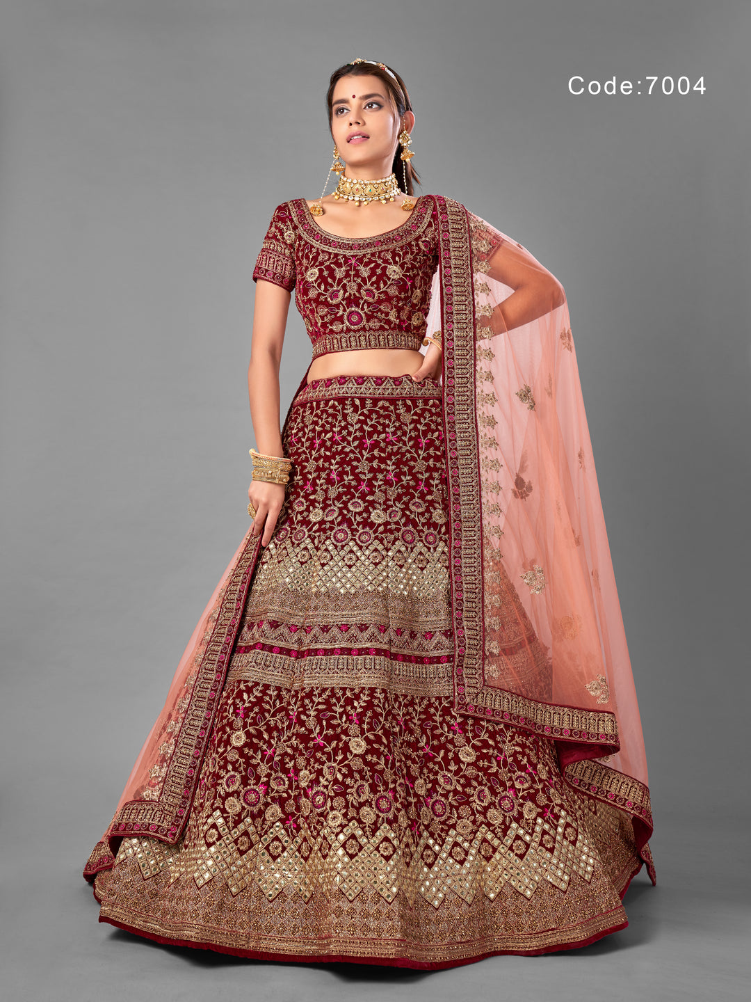 Elegant Maroon Velvet Lehenga with Dori and Mirror Detailing