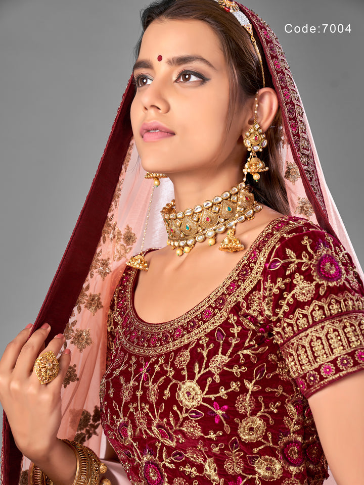 Elegant Maroon Velvet Lehenga with Dori and Mirror Detailing